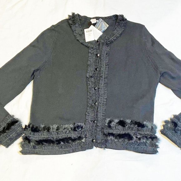 NWT CHICO'S Fancy Black Faux Fur Trim Sweater Cardigan Sz2 - Picture 3 of 8